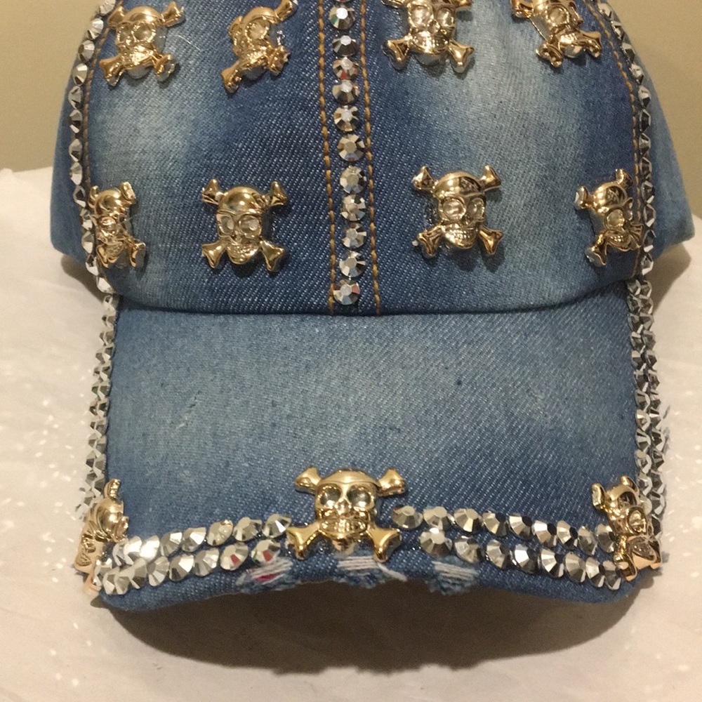 NWOT Denim Rhinestone distressed Skull Bling Hat adjustable strap unisex size OS
